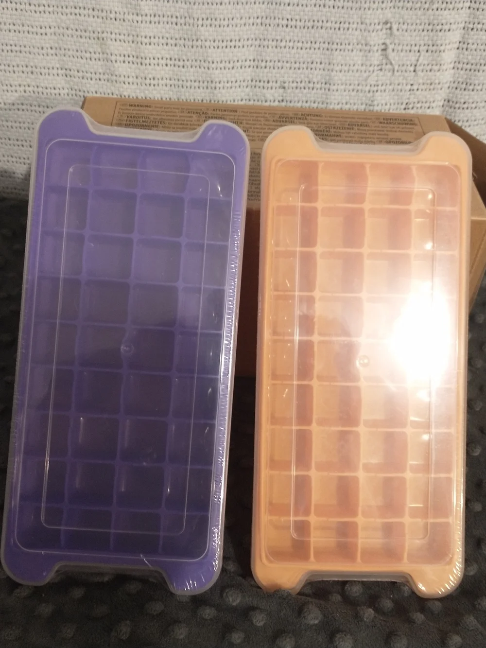 NEW - Two Pack - Silicone Ice Cube Tray Set w/ Plastic Lid - Purple and Orange